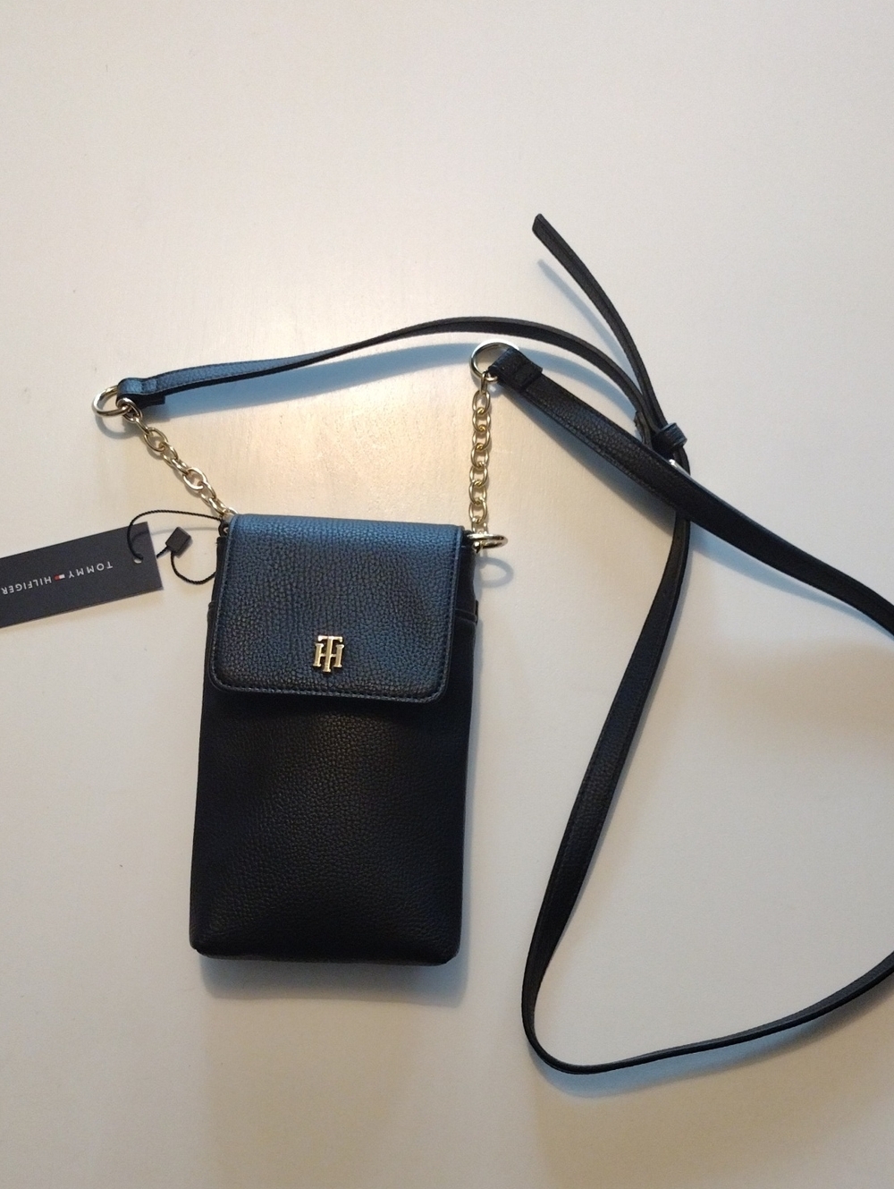 Tommy Hilfiger Black Pebbled Leather Crossbody Phone Pouch